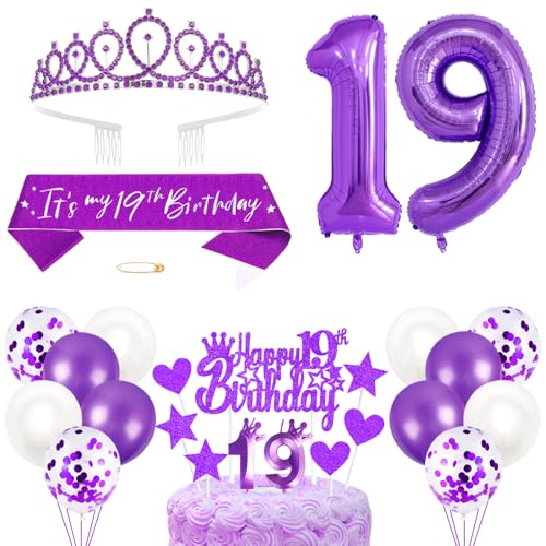 19. Geburtstagsdeko Mädchen Geburtstag Prinzessin Krone Königin Tiara Geburtstag Schärpe 19th Geburtstag Kuchen Toppers Zahl Kerzen Ballons Dekoration Set für 19 Jahre Alte Geburtstagsparty Zubehör von Xihuimay