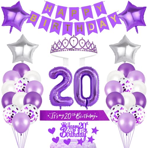 20. Geburtstagsdeko Mädchen Geburtstag Prinzessin Krone Geburtstag Schärpe Happy Birthday Banner 20th Geburtstag Kuchen Toppers Zahl Ballons Dekoration Set für 20 Jahre Alte Geburtstagsparty Zubehör von Xihuimay