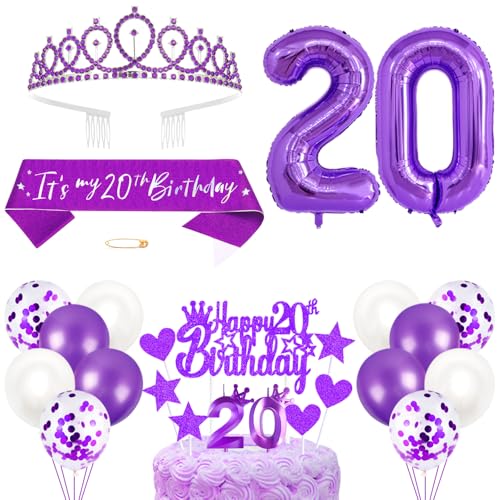 20. Geburtstagsdeko Mädchen Geburtstag Prinzessin Krone Königin Tiara Geburtstag Schärpe 20th Geburtstag Kuchen Toppers Zahl Kerzen Ballons Dekoration Set für 20 Jahre Alte Geburtstagsparty Zubehör von Xihuimay