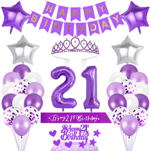 21. Geburtstagsdeko Mädchen Geburtstag Prinzessin Krone Geburtstag Schärpe Happy Birthday Banner 21st Geburtstag Kuchen Toppers Zahl Ballons Dekoration Set für 21 Jahre Alte Geburtstagsparty Zubehör von Xihuimay