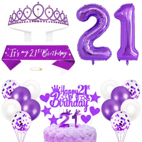 21. Geburtstagsdeko Mädchen Geburtstag Prinzessin Krone Königin Tiara Geburtstag Schärpe 21st Geburtstag Kuchen Toppers Zahl Kerzen Ballons Dekoration Set für 21 Jahre Alte Geburtstagsparty Zubehör von Xihuimay