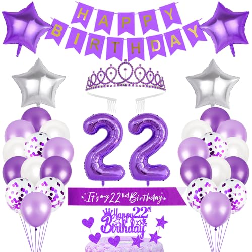 22. Geburtstagsdeko Mädchen Geburtstag Prinzessin Krone Geburtstag Schärpe Happy Birthday Banner 22nd Geburtstag Kuchen Toppers Zahl Ballons Dekoration Set für 22 Jahre Alte Geburtstagsparty Zubehör von Xihuimay