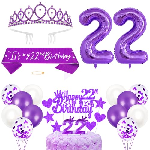 22. Geburtstagsdeko Mädchen Geburtstag Prinzessin Krone Königin Tiara Geburtstag Schärpe 22nd Geburtstag Kuchen Toppers Zahl Kerzen Ballons Dekoration Set für 22 Jahre Alte Geburtstagsparty Zubehör von Xihuimay