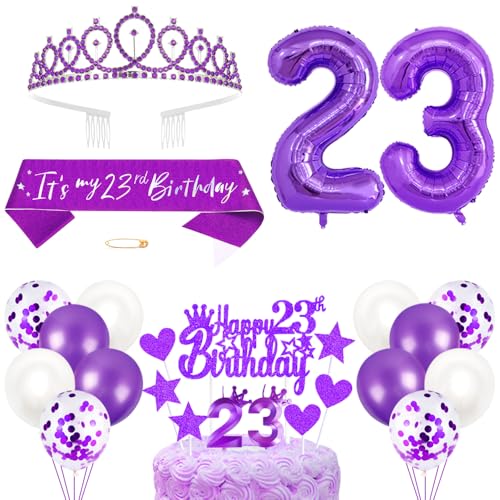 23. Geburtstagsdeko Mädchen Geburtstag Prinzessin Krone Königin Tiara Geburtstag Schärpe 23rd Geburtstag Kuchen Toppers Zahl Kerzen Ballons Dekoration Set für 23 Jahre Alte Geburtstagsparty Zubehör von Xihuimay