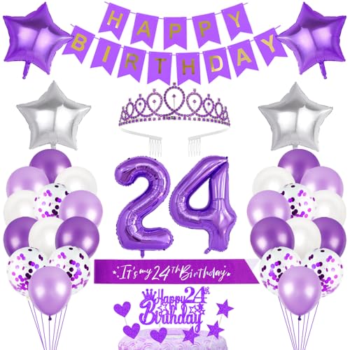 24. Geburtstagsdeko Mädchen Geburtstag Prinzessin Krone Geburtstag Schärpe Happy Birthday Banner 24th Geburtstag Kuchen Toppers Zahl Ballons Dekoration Set für 24 Jahre Alte Geburtstagsparty Zubehör von Xihuimay