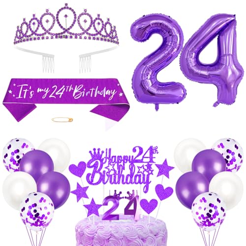 24. Geburtstagsdeko Mädchen Geburtstag Prinzessin Krone Königin Tiara Geburtstag Schärpe 24th Geburtstag Kuchen Toppers Zahl Kerzen Ballons Dekoration Set für 24 Jahre Alte Geburtstagsparty Zubehör von Xihuimay