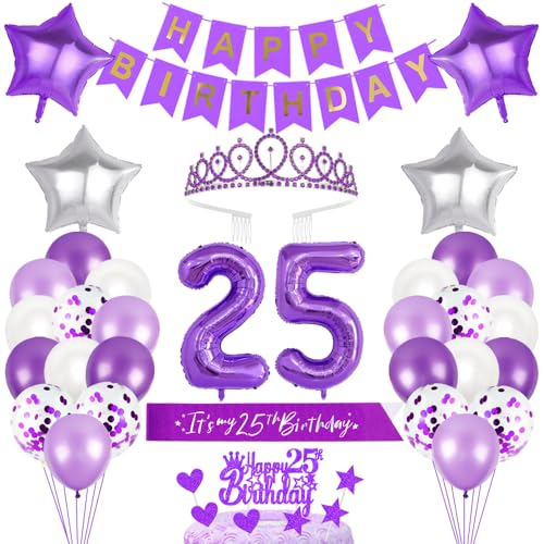 25. Geburtstagsdeko Mädchen Geburtstag Prinzessin Krone Geburtstag Schärpe Happy Birthday Banner 25th Geburtstag Kuchen Toppers Zahl Ballons Dekoration Set für 25 Jahre Alte Geburtstagsparty Zubehör von Xihuimay