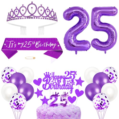 25. Geburtstagsdeko Mädchen Geburtstag Prinzessin Krone Königin Tiara Geburtstag Schärpe 25th Geburtstag Kuchen Toppers Zahl Kerzen Ballons Dekoration Set für 25 Jahre Alte Geburtstagsparty Zubehör von Xihuimay