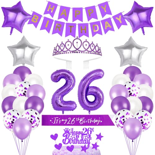 26. Geburtstagsdeko Mädchen Geburtstag Prinzessin Krone Geburtstag Schärpe Happy Birthday Banner 26th Geburtstag Kuchen Toppers Zahl Ballons Dekoration Set für 26 Jahre Alte Geburtstagsparty Zubehör von Xihuimay