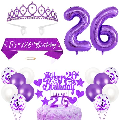 26. Geburtstagsdeko Mädchen Geburtstag Prinzessin Krone Königin Tiara Geburtstag Schärpe 26th Geburtstag Kuchen Toppers Zahl Kerzen Ballons Dekoration Set für 26 Jahre Alte Geburtstagsparty Zubehör von Xihuimay