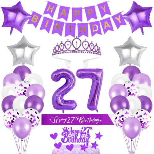 27. Geburtstagsdeko Mädchen Geburtstag Prinzessin Krone Geburtstag Schärpe Happy Birthday Banner 27th Geburtstag Kuchen Toppers Zahl Ballons Dekoration Set für 27 Jahre Alte Geburtstagsparty Zubehör von Xihuimay