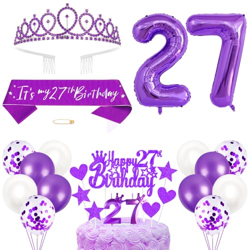 27. Geburtstagsdeko Mädchen Geburtstag Prinzessin Krone Königin Tiara Geburtstag Schärpe 27th Geburtstag Kuchen Toppers Zahl Kerzen Ballons Dekoration Set für 27 Jahre Alte Geburtstagsparty Zubehör von Xihuimay