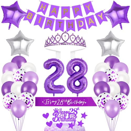 28. Geburtstagsdeko Mädchen Geburtstag Prinzessin Krone Geburtstag Schärpe Happy Birthday Banner 28th Geburtstag Kuchen Toppers Zahl Ballons Dekoration Set für 28 Jahre Alte Geburtstagsparty Zubehör von Xihuimay