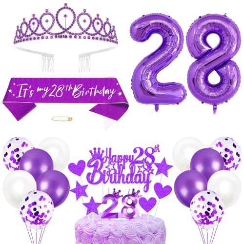 28. Geburtstagsdeko Mädchen Geburtstag Prinzessin Krone Königin Tiara Geburtstag Schärpe 28th Geburtstag Kuchen Toppers Zahl Kerzen Ballons Dekoration Set für 28 Jahre Alte Geburtstagsparty Zubehör von Xihuimay