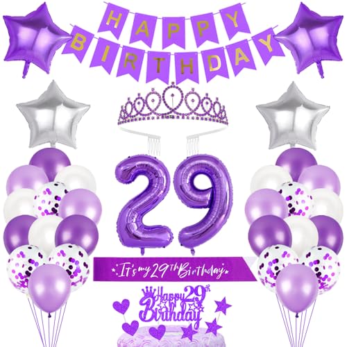 29. Geburtstagsdeko Mädchen Geburtstag Prinzessin Krone Geburtstag Schärpe Happy Birthday Banner 29th Geburtstag Kuchen Toppers Zahl Ballons Dekoration Set für 29 Jahre Alte Geburtstagsparty Zubehör von Xihuimay