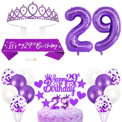 29. Geburtstagsdeko Mädchen Geburtstag Prinzessin Krone Königin Tiara Geburtstag Schärpe 29th Geburtstag Kuchen Toppers Zahl Kerzen Ballons Dekoration Set für 29 Jahre Alte Geburtstagsparty Zubehör von Xihuimay