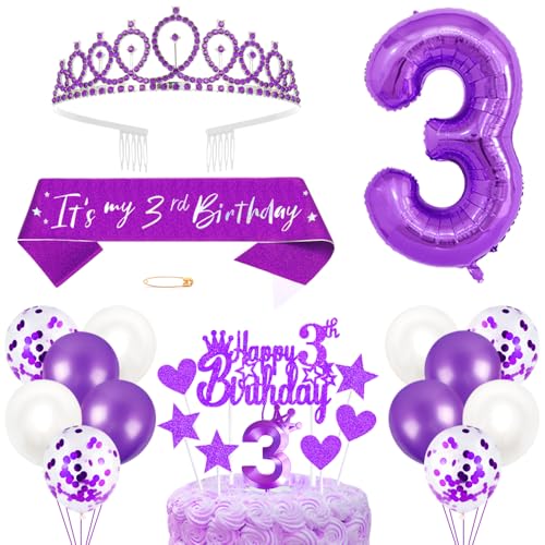 3 Geburtstagsdeko Mädchen Geburtstag Prinzessin Krone Königin Tiara Geburtstag Schärpe 3rd Geburtstag Kuchen Toppers Zahl Kerzen Ballons Dekoration Set für 3 Jahre Alte Geburtstagsparty Zubehör von Xihuimay