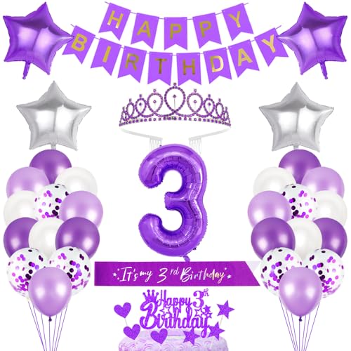 3. Geburtstagsdeko Mädchen Geburtstag Prinzessin Krone Geburtstag Schärpe Happy Birthday Banner 3rd Geburtstag Kuchen Toppers Zahl Ballons Dekoration Set für 3 Jahre Alte Geburtstagsparty Zubehör von Xihuimay