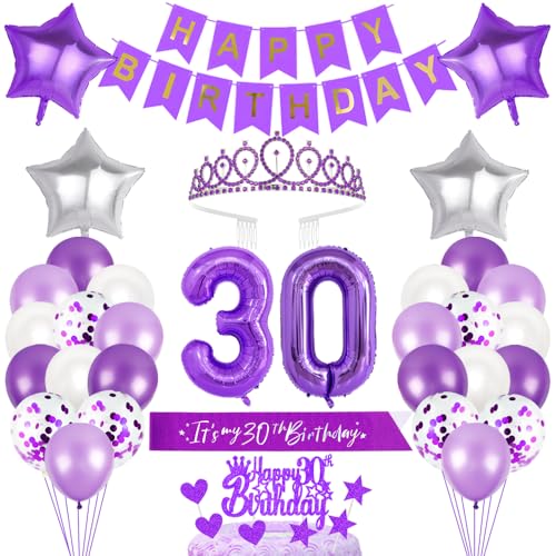 30. Geburtstagsdeko Mädchen Geburtstag Prinzessin Krone Geburtstag Schärpe Happy Birthday Banner 30th Geburtstag Kuchen Toppers Zahl Ballons Dekoration Set für 30 Jahre Alte Geburtstagsparty Zubehör von Xihuimay