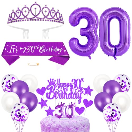 30. Geburtstagsdeko Mädchen Geburtstag Prinzessin Krone Königin Tiara Geburtstag Schärpe 30th Geburtstag Kuchen Toppers Zahl Kerzen Ballons Dekoration Set für 30 Jahre Alte Geburtstagsparty Zubehör von Xihuimay