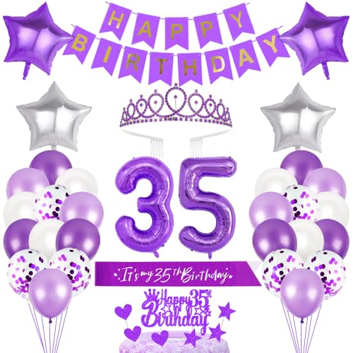 35. Geburtstagsdeko Mädchen Geburtstag Prinzessin Krone Geburtstag Schärpe Happy Birthday Banner 35th Geburtstag Kuchen Toppers Zahl Ballons Dekoration Set für 35 Jahre Alte Geburtstagsparty Zubehör von Xihuimay