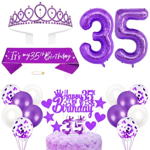 35. Geburtstagsdeko Mädchen Geburtstag Prinzessin Krone Königin Tiara Geburtstag Schärpe 35th Geburtstag Kuchen Toppers Zahl Kerzen Ballons Dekoration Set für 35 Jahre Alte Geburtstagsparty Zubehör von Xihuimay