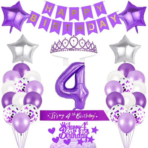 4. Geburtstagsdeko Mädchen Geburtstag Prinzessin Krone Geburtstag Schärpe Happy Birthday Banner 4th Geburtstag Kuchen Toppers Zahl Ballons Dekoration Set für 4 Jahre Alte Geburtstagsparty Zubehör von Xihuimay