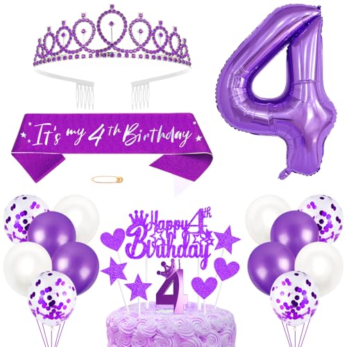 4. Geburtstagsdeko Mädchen Geburtstag Prinzessin Krone Königin Tiara Geburtstag Schärpe 4th Geburtstag Kuchen Toppers Zahl Kerzen Ballons Dekoration Set für 4 Jahre Alte Geburtstagsparty Zubehör von Xihuimay