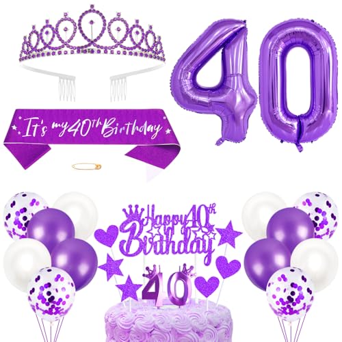 40. Geburtstagsdeko Mädchen Geburtstag Prinzessin Krone Königin Tiara Geburtstag Schärpe 40th Geburtstag Kuchen Toppers Zahl Kerzen Ballons Dekoration Set für 40 Jahre Alte Geburtstagsparty Zubehör von Xihuimay