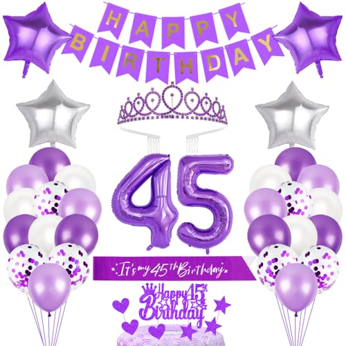 45. Geburtstagsdeko Mädchen Geburtstag Prinzessin Krone Geburtstag Schärpe Happy Birthday Banner 45th Geburtstag Kuchen Toppers Zahl Ballons Dekoration Set für 45 Jahre Alte Geburtstagsparty Zubehör von Xihuimay