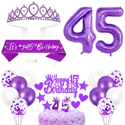 45. Geburtstagsdeko Mädchen Geburtstag Prinzessin Krone Königin Tiara Geburtstag Schärpe 45th Geburtstag Kuchen Toppers Zahl Kerzen Ballons Dekoration Set für 45 Jahre Alte Geburtstagsparty Zubehör von Xihuimay