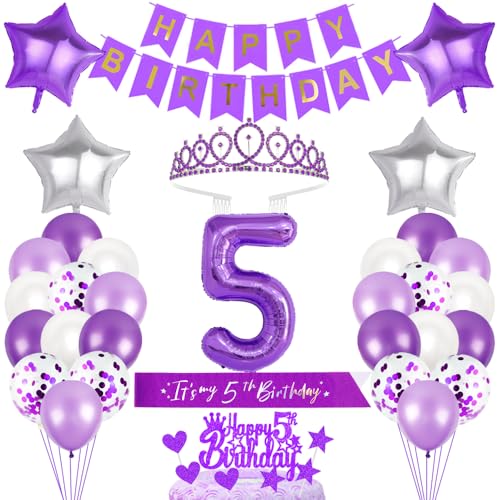 5. Geburtstagsdeko Mädchen Geburtstag Prinzessin Krone Geburtstag Schärpe Happy Birthday Banner 5th Geburtstag Kuchen Toppers Zahl Ballons Dekoration Set für 5 Jahre Alte Geburtstagsparty Zubehör von Xihuimay