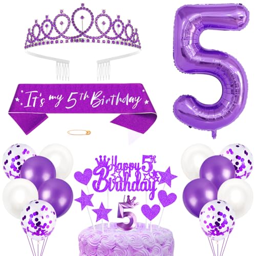 5. Geburtstagsdeko Mädchen Geburtstag Prinzessin Krone Königin Tiara Geburtstag Schärpe 5th Geburtstag Kuchen Toppers Zahl Kerzen Ballons Dekoration Set für 5 Jahre Alte Geburtstagsparty Zubehör von Xihuimay