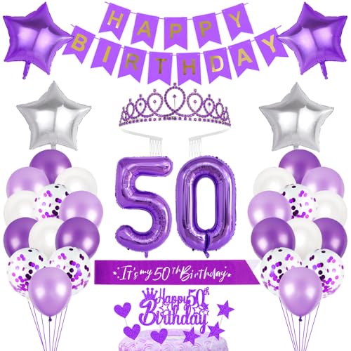 50. Geburtstagsdeko Mädchen Geburtstag Prinzessin Krone Geburtstag Schärpe Happy Birthday Banner 50th Geburtstag Kuchen Toppers Zahl Ballons Dekoration Set für 50 Jahre Alte Geburtstagsparty Zubehör von Xihuimay