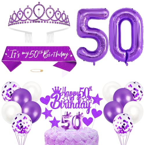 50. Geburtstagsdeko Mädchen Geburtstag Prinzessin Krone Königin Tiara Geburtstag Schärpe 50th Geburtstag Kuchen Toppers Zahl Kerzen Ballons Dekoration Set für 50 Jahre Alte Geburtstagsparty Zubehör von Xihuimay