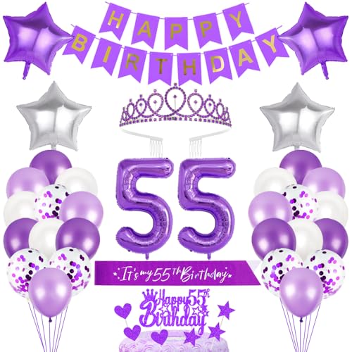 55. Geburtstagsdeko Mädchen Geburtstag Prinzessin Krone Geburtstag Schärpe Happy Birthday Banner 55th Geburtstag Kuchen Toppers Zahl Ballons Dekoration Set für 55 Jahre Alte Geburtstagsparty Zubehör von Xihuimay