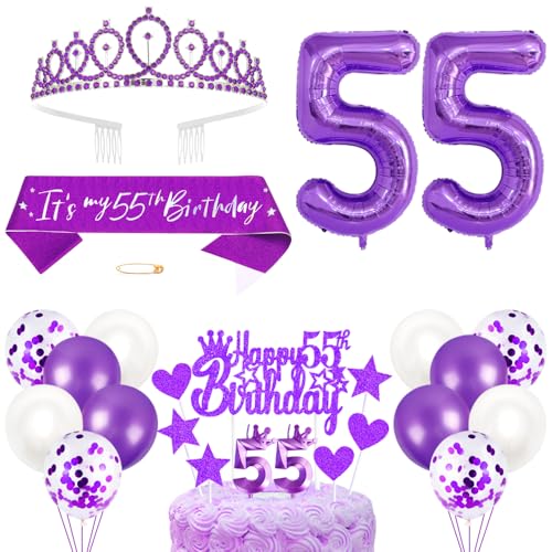 55. Geburtstagsdeko Mädchen Geburtstag Prinzessin Krone Königin Tiara Geburtstag Schärpe 55th Geburtstag Kuchen Toppers Zahl Kerzen Ballons Dekoration Set für 55 Jahre Alte Geburtstagsparty Zubehör von Xihuimay