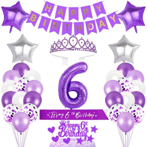 6. Geburtstagsdeko Mädchen Geburtstag Prinzessin Krone Geburtstag Schärpe Happy Birthday Banner 6th Geburtstag Kuchen Toppers Zahl Ballons Dekoration Set für 6 Jahre Alte Geburtstagsparty Zubehör von Xihuimay