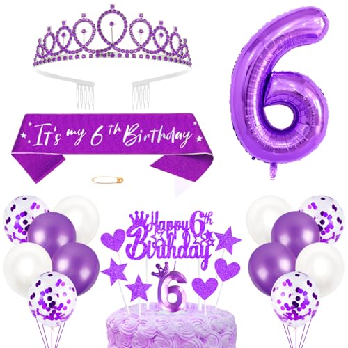 6. Geburtstagsdeko Mädchen Geburtstag Prinzessin Krone Königin Tiara Geburtstag Schärpe 6th Geburtstag Kuchen Toppers Zahl Kerzen Ballons Dekoration Set für 6 Jahre Alte Geburtstagsparty Zubehör von Xihuimay