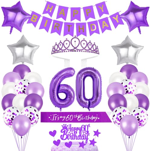 60. Geburtstagsdeko Mädchen Geburtstag Prinzessin Krone Geburtstag Schärpe Happy Birthday Banner 60th Geburtstag Kuchen Toppers Zahl Ballons Dekoration Set für 60 Jahre Alte Geburtstagsparty Zubehör von Xihuimay