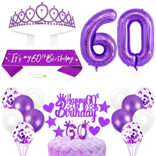 60. Geburtstagsdeko Mädchen Geburtstag Prinzessin Krone Königin Tiara Geburtstag Schärpe 60th Geburtstag Kuchen Toppers Zahl Kerzen Ballons Dekoration Set für 60 Jahre Alte Geburtstagsparty Zubehör von Xihuimay