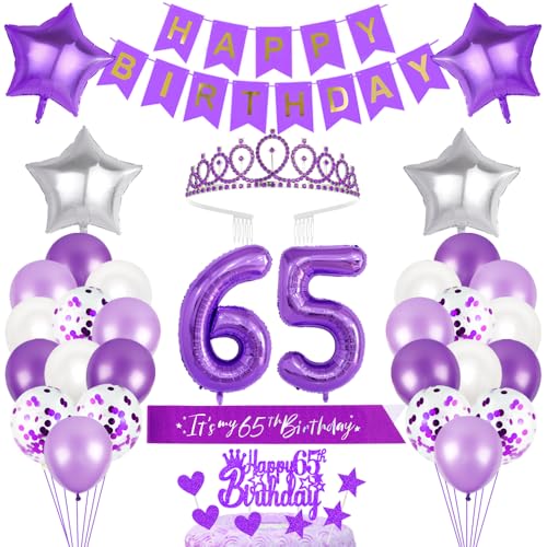 65. Geburtstagsdeko Mädchen Geburtstag Prinzessin Krone Geburtstag Schärpe Happy Birthday Banner 65th Geburtstag Kuchen Toppers Zahl Ballons Dekoration Set für 65 Jahre Alte Geburtstagsparty Zubehör von Xihuimay