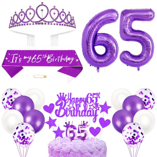 65. Geburtstagsdeko Mädchen Geburtstag Prinzessin Krone Königin Tiara Geburtstag Schärpe 65th Geburtstag Kuchen Toppers Zahl Kerzen Ballons Dekoration Set für 65 Jahre Alte Geburtstagsparty Zubehör von Xihuimay