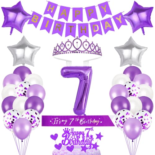 7. Geburtstagsdeko Mädchen Geburtstag Prinzessin Krone Geburtstag Schärpe Happy Birthday Banner 7th Geburtstag Kuchen Toppers Zahl Ballons Dekoration Set für 7 Jahre Alte Geburtstagsparty Zubehör von Xihuimay