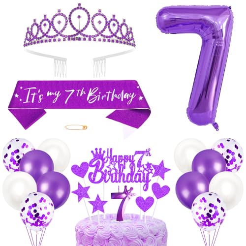 7. Geburtstagsdeko Mädchen Geburtstag Prinzessin Krone Königin Tiara Geburtstag Schärpe 7th Geburtstag Kuchen Toppers Zahl Kerzen Ballons Dekoration Set für 7 Jahre Alte Geburtstagsparty Zubehör von Xihuimay