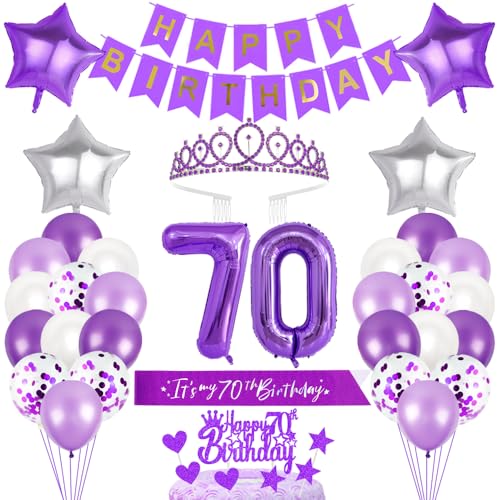 70. Geburtstagsdeko Mädchen Geburtstag Prinzessin Krone Geburtstag Schärpe Happy Birthday Banner 70th Geburtstag Kuchen Toppers Zahl Ballons Dekoration Set für 70 Jahre Alte Geburtstagsparty Zubehör von Xihuimay