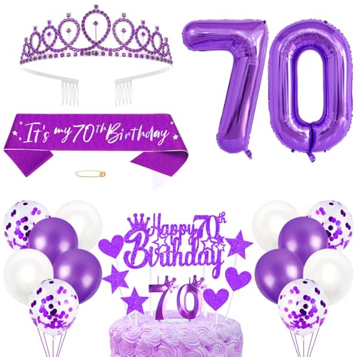 70. Geburtstagsdeko Mädchen Geburtstag Prinzessin Krone Königin Tiara Geburtstag Schärpe 70th Geburtstag Kuchen Toppers Zahl Kerzen Ballons Dekoration Set für 70 Jahre Alte Geburtstagsparty Zubehör von Xihuimay