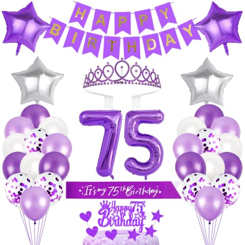 75. Geburtstagsdeko Mädchen Geburtstag Prinzessin Krone Geburtstag Schärpe Happy Birthday Banner 75th Geburtstag Kuchen Toppers Zahl Ballons Dekoration Set für 75 Jahre Alte Geburtstagsparty Zubehör von Xihuimay