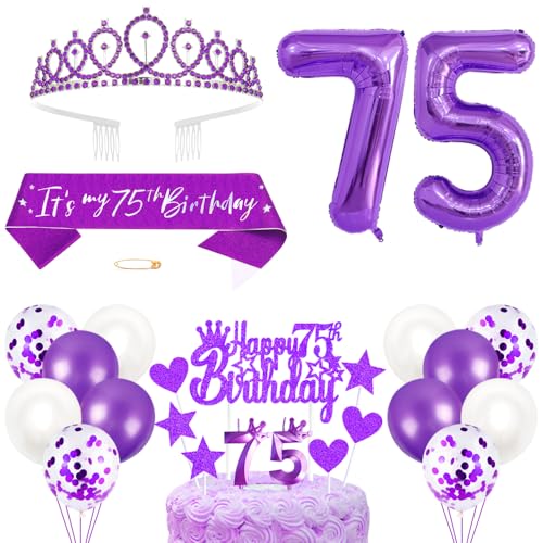 75. Geburtstagsdeko Mädchen Geburtstag Prinzessin Krone Königin Tiara Geburtstag Schärpe 75th Geburtstag Kuchen Toppers Zahl Kerzen Ballons Dekoration Set für 75 Jahre Alte Geburtstagsparty Zubehör von Xihuimay