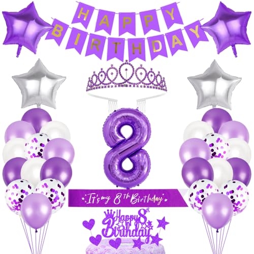 8. Geburtstagsdeko Mädchen Geburtstag Prinzessin Krone Geburtstag Schärpe Happy Birthday Banner 8th Geburtstag Kuchen Toppers Zahl Ballons Dekoration Set für 8 Jahre Alte Geburtstagsparty Zubehör von Xihuimay